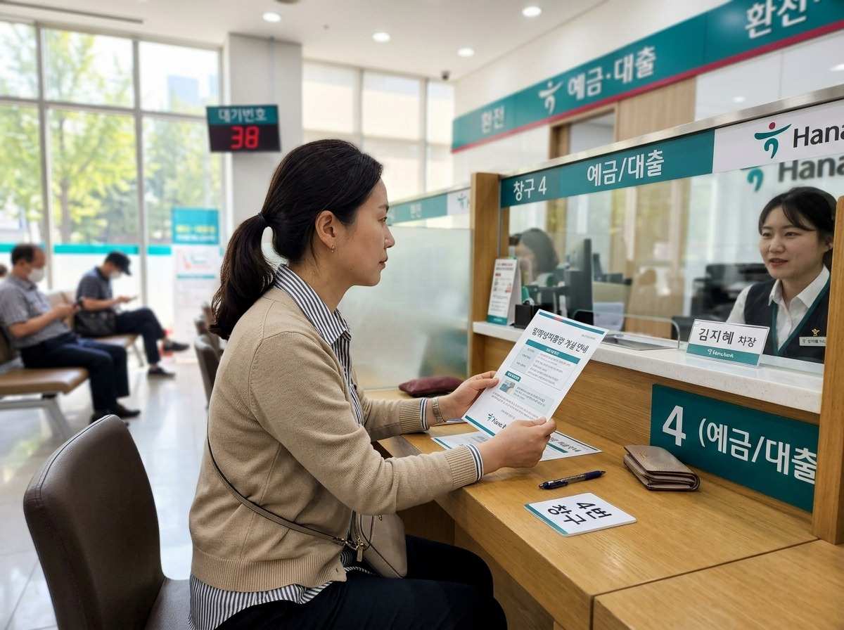 한국인 주부(30대 여성)가 압류방지통장 개설 안내문을 들고 은행 창구를 보고 있는 모습