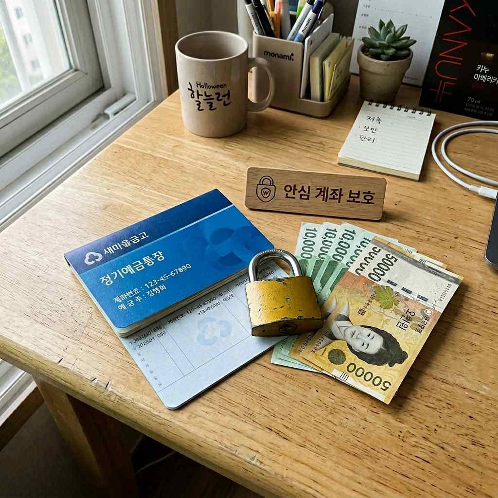 보호받는 통장 이미지, 자물쇠와 돈 아이콘 결합