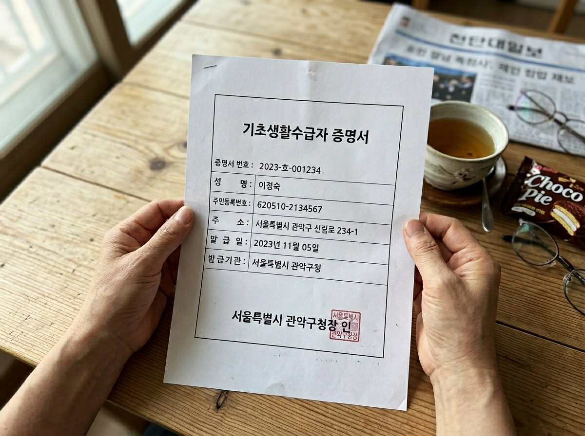 한국인 기초생활수급자 증명서를 들고 있는 모습