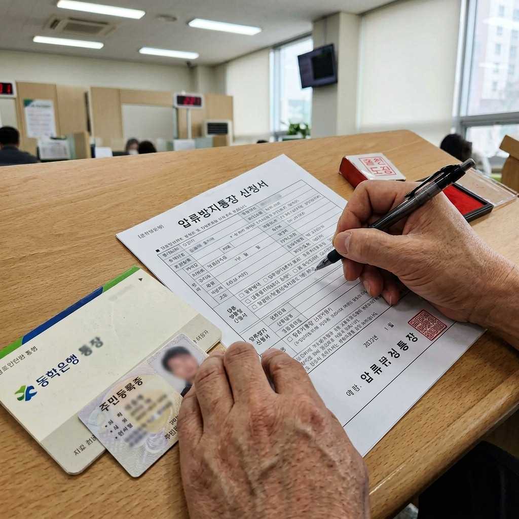 한국 은행 지점에서 압류방지통장 신청서를 작성하는 모습