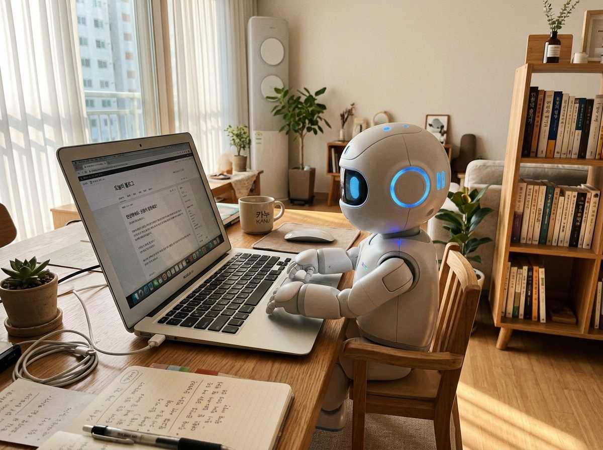 AI 로봇이 노트북으로 블로그 글을 작성하는 한국 가정집 풍경