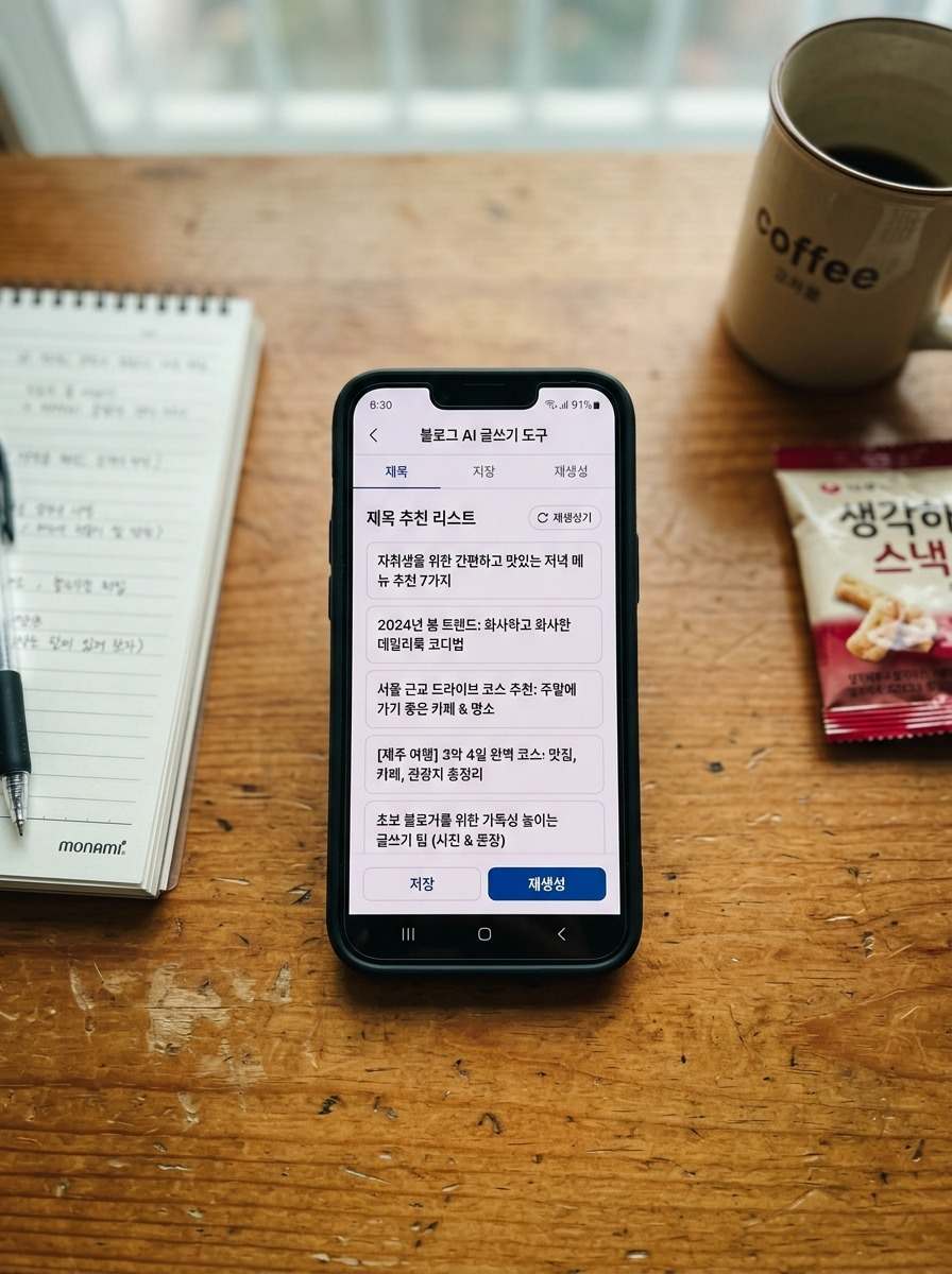 AI 글쓰기 도구 사용 화면과 생성된 블로그 게시물 제목 목록