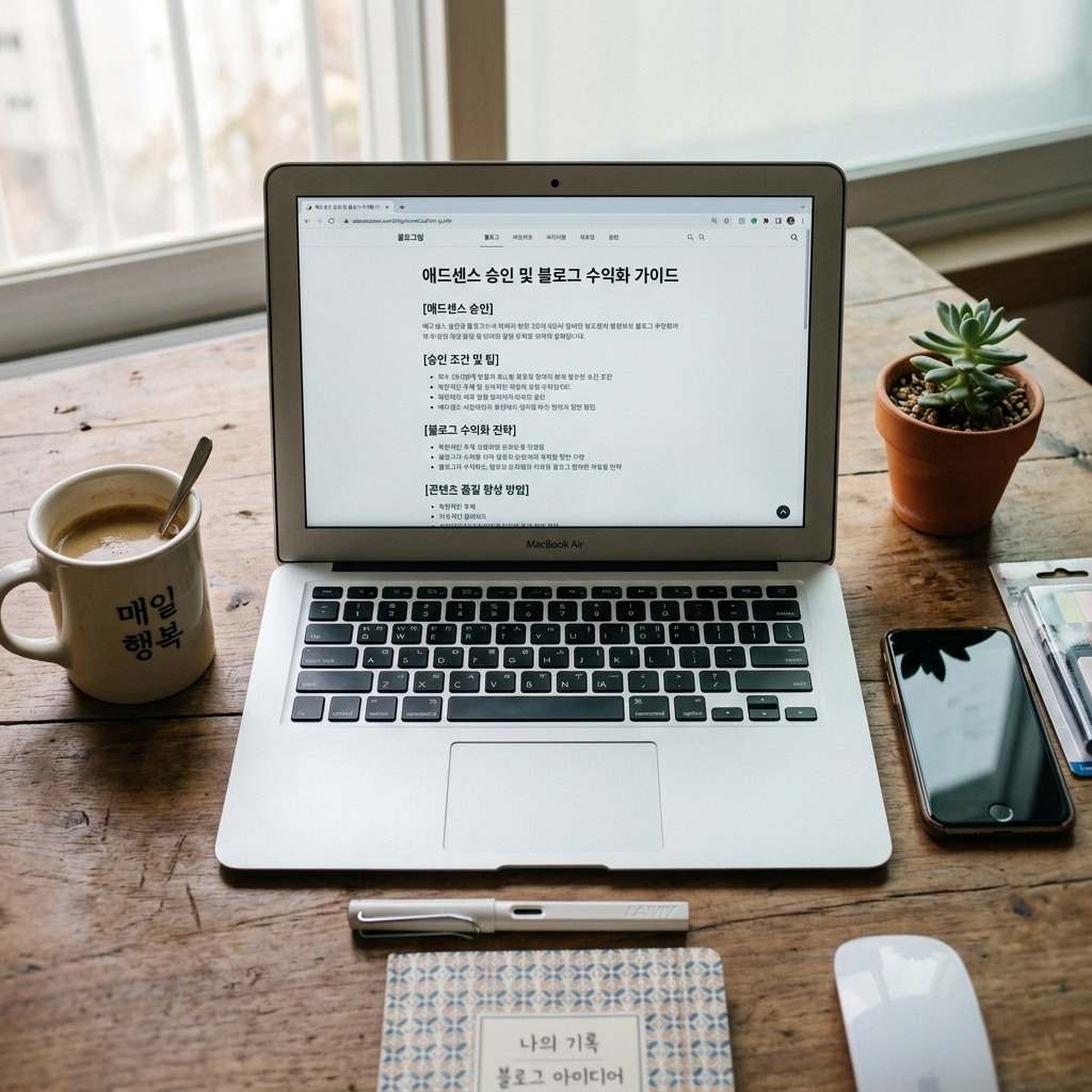 애드센스 승인 관련 정보를 보여주는 웹사이트 화면