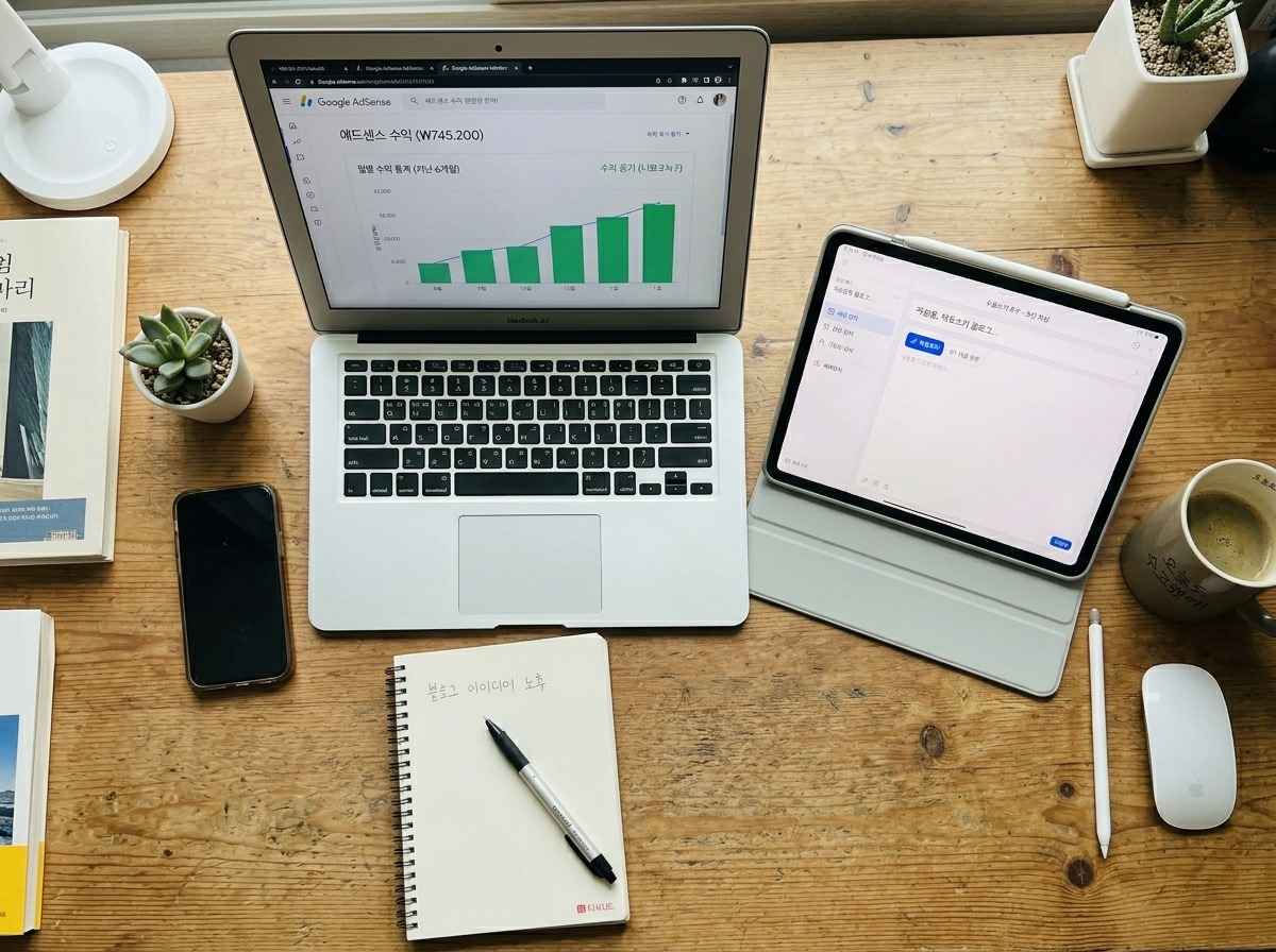 애드센스 수익 인증 그래프와 AI 글쓰기 도구 화면