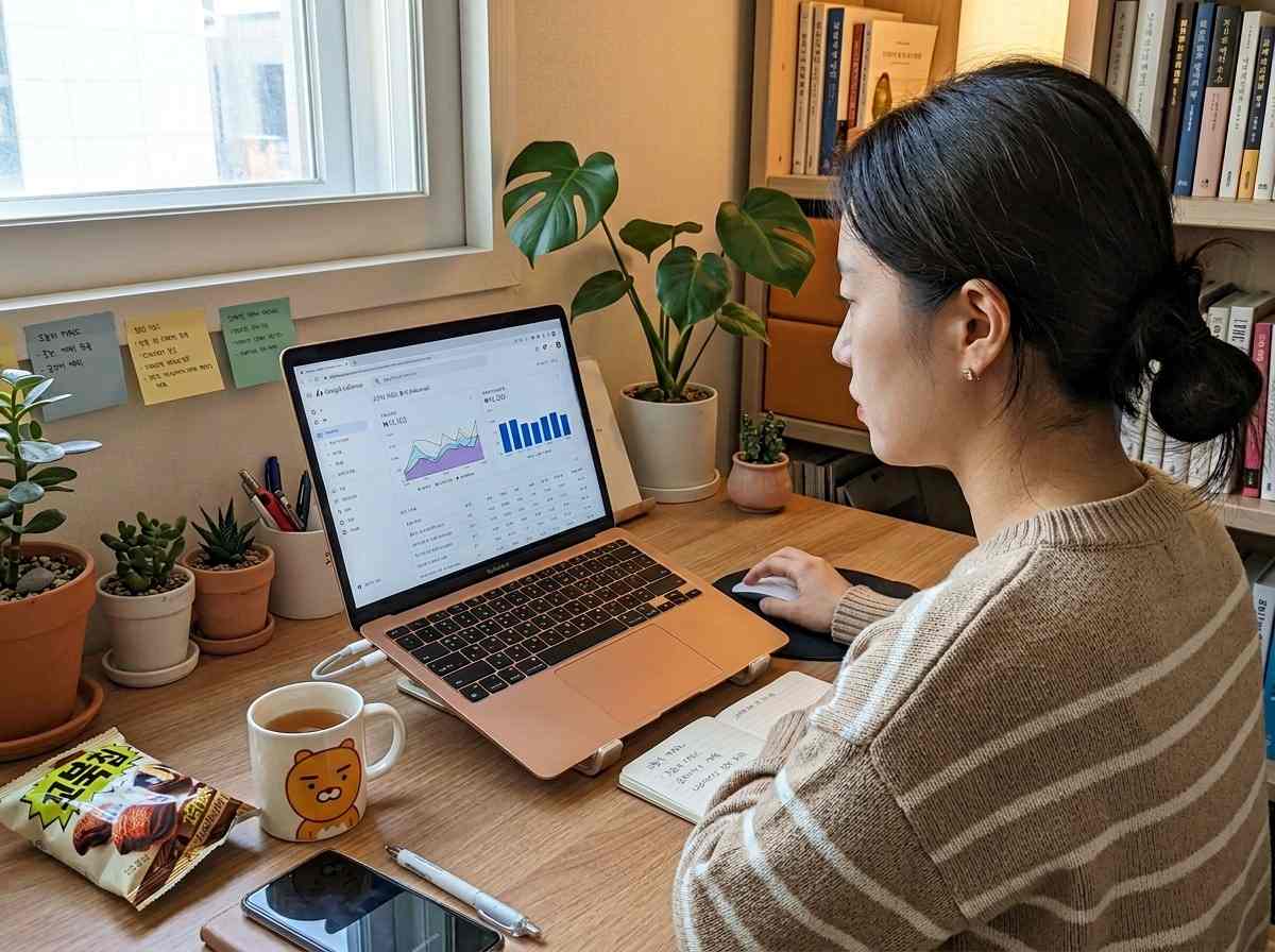 한국인 블로거가 자신의 노트북 화면을 보며 애드센스 고수익 키워드를 분석하고 있는 모습. 화면에는 그래프와 키워드 목록이 보입니다.