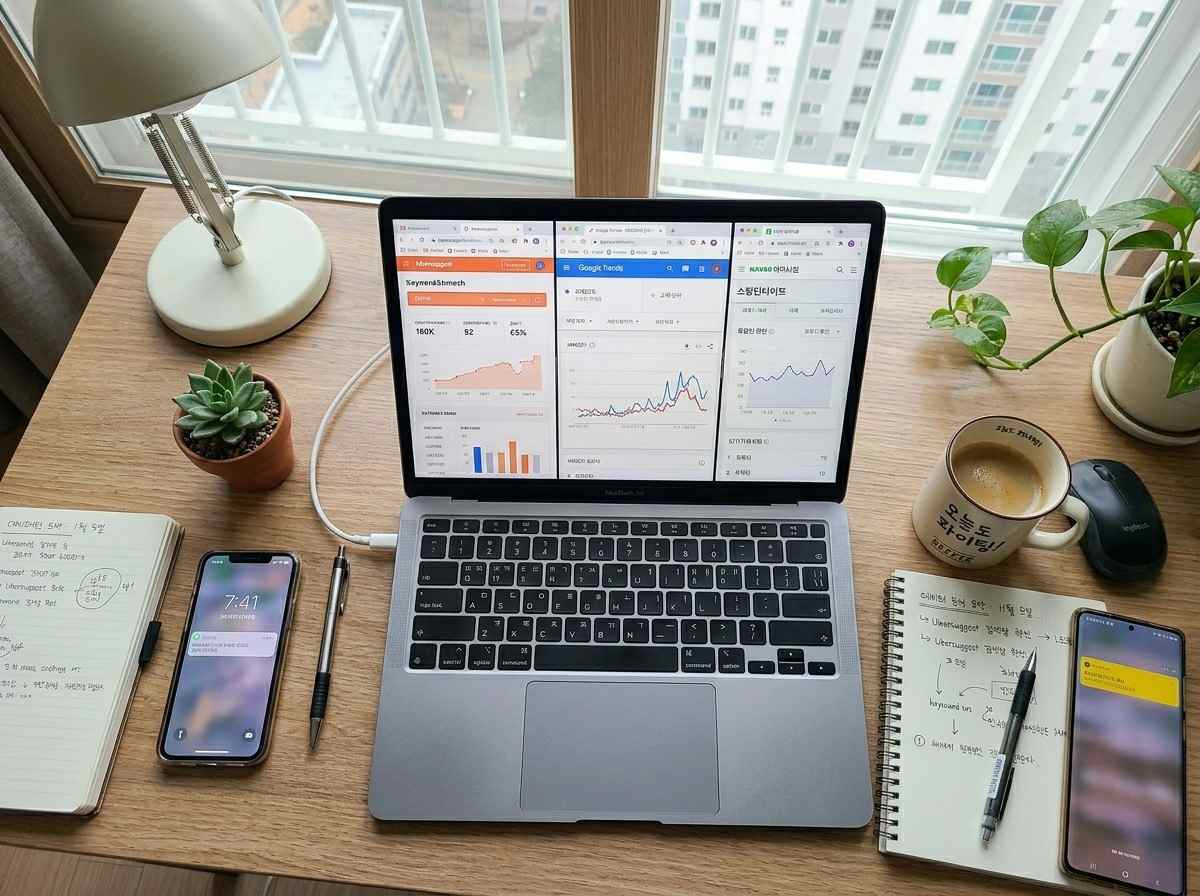 한국인 전문가가 노트북으로 우버서제스트, 구글 트렌드, 네이버 데이터랩 화면을 동시에 보며 키워드 분석하는 모습