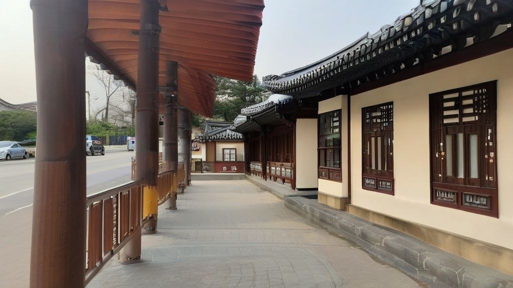 한국의 고층 빌딩 숲과 그 사이를 흐르는 데이터 시각화 그래픽, 그리고 빛나는 화살표가 위쪽을 가리키는 모습