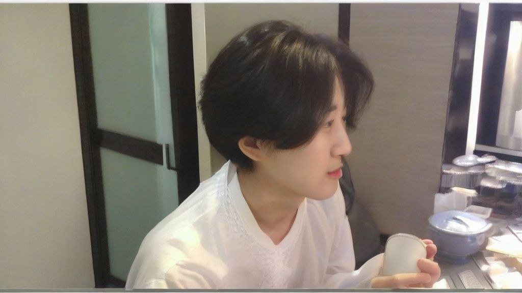 한국인 40대 남성 김 부장이 30평대 아파트 거실에서 금융 관련 서적과 노트북을 보며 밝게 웃고 있는 모습