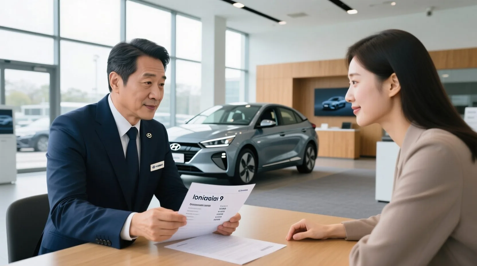 아이오닉9 750만원 할인 조건을 확인하는 딜러십 상담 장면